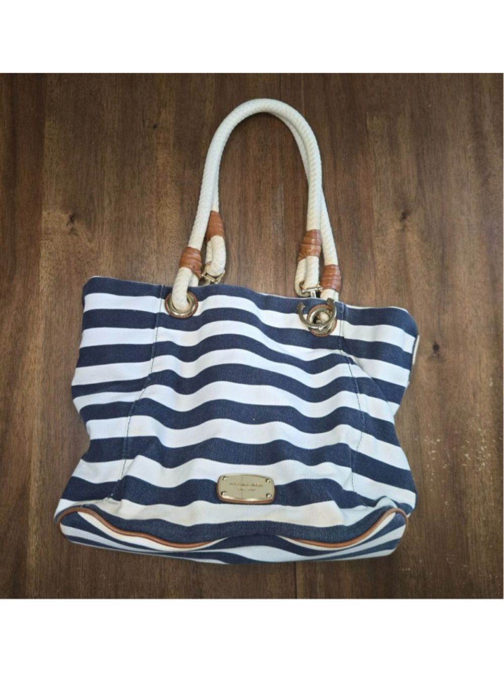 Michael Kors Marina Large Nautical Tote Bag Striped Canvas Rope Handle As Is